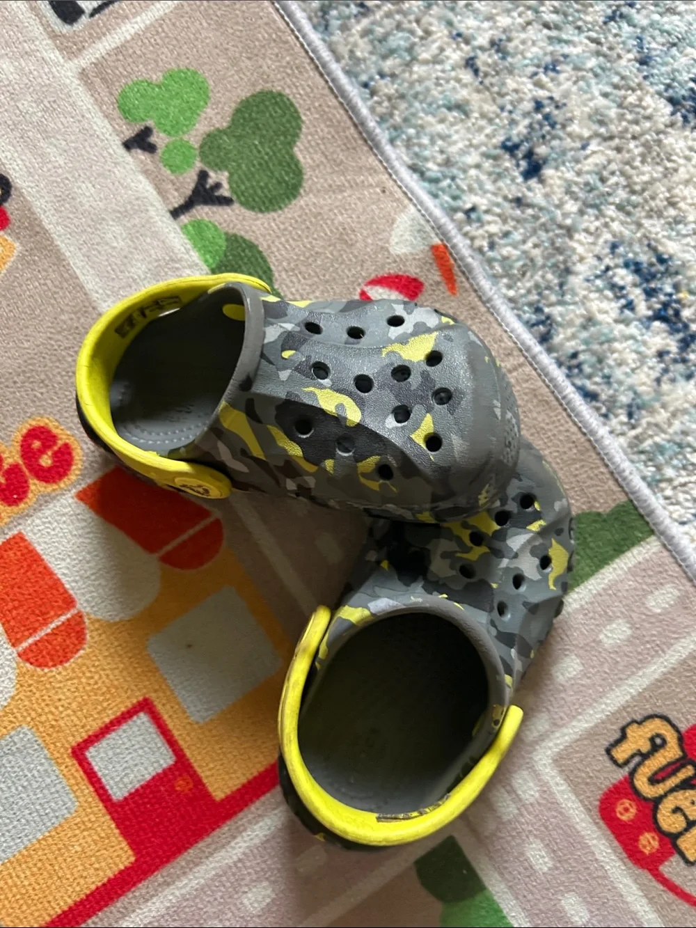 CROCS Kids Gray Camo Clogs with Yellow Strap Accents